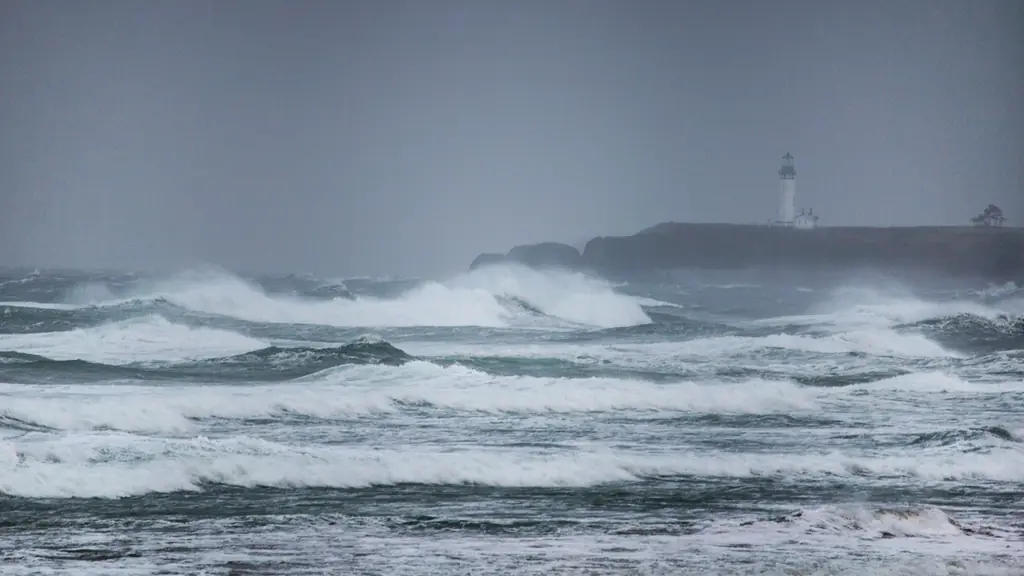 Storm waves off a coast with a lighthouse