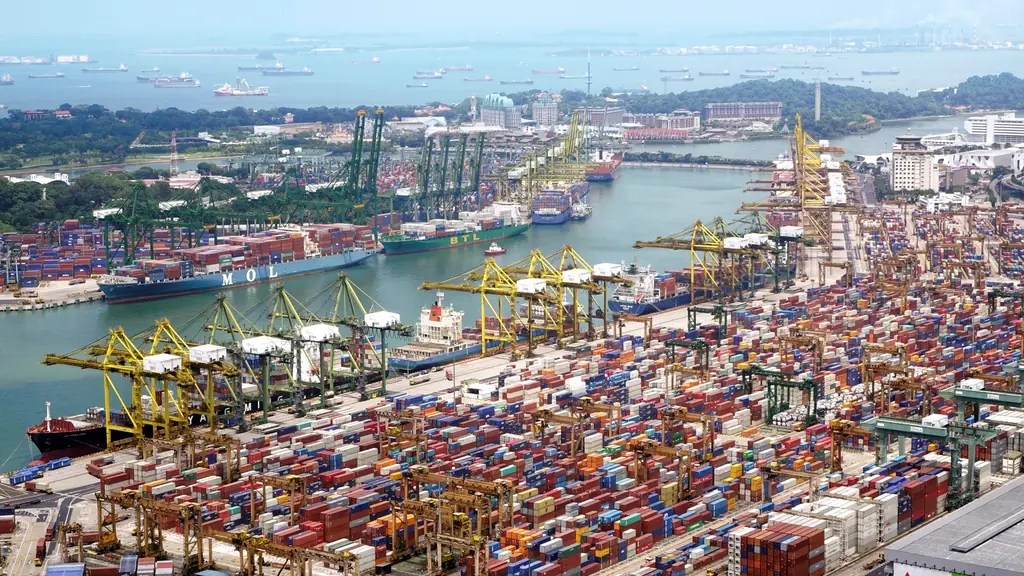 Aerial view of a busy container port
